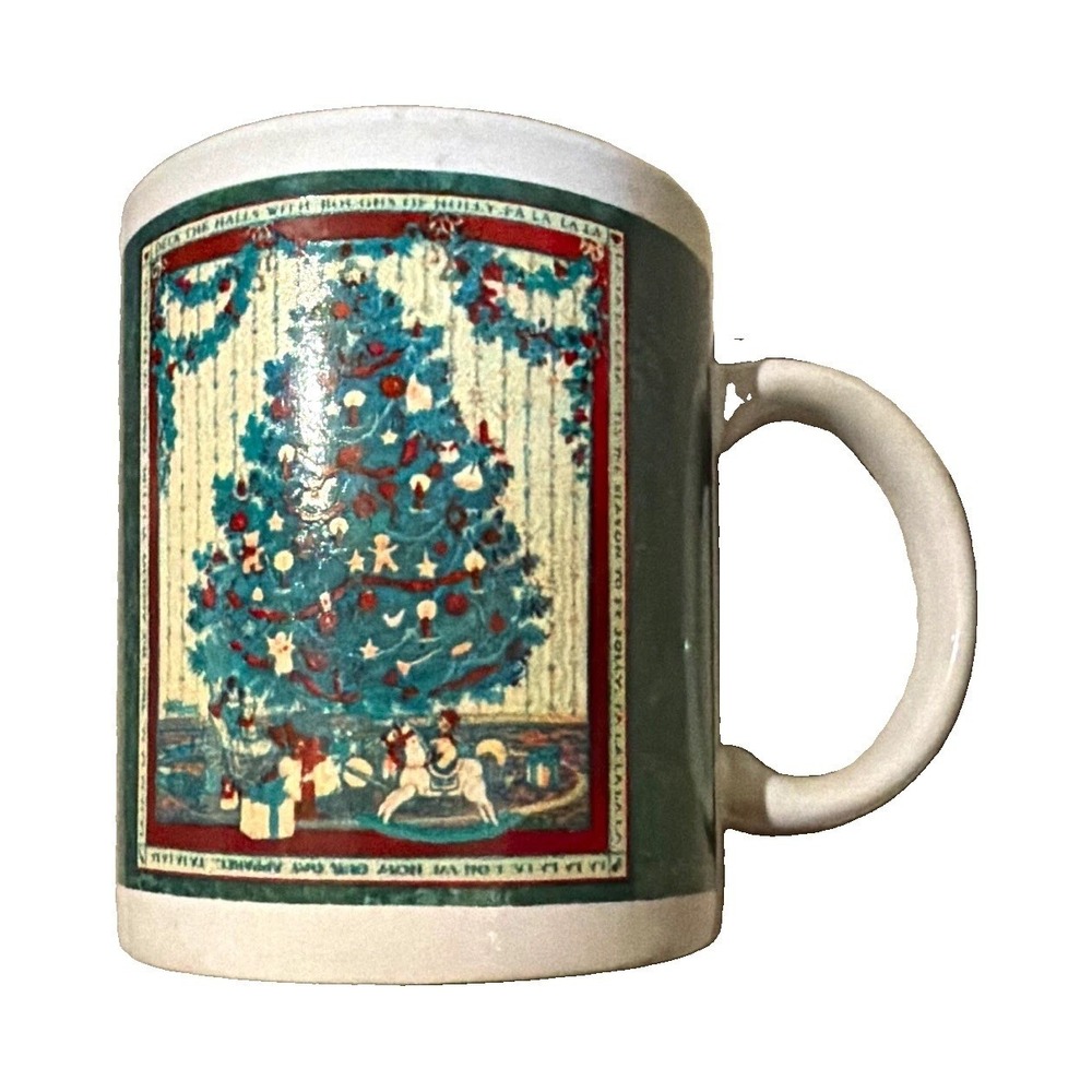 Christmas Ceramic Coffee Mug 12 fl oz White Green Red Tree Holiday Decorated